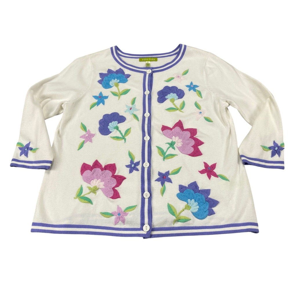Sigrid Olsen Womens White Floral Embroidered Cardigan Sweater 3/4 Sleeve Size‎ M